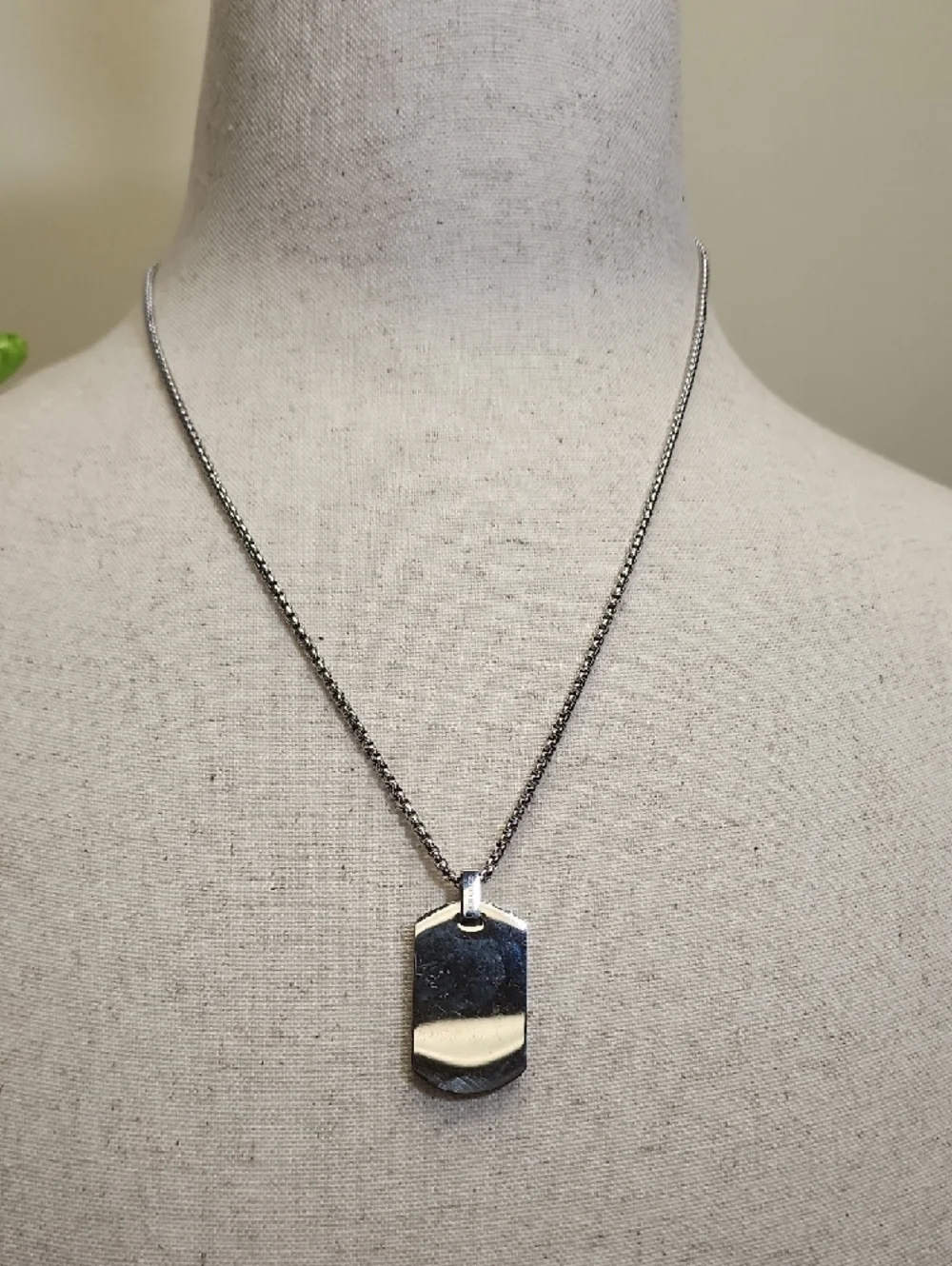 Geoffrey Beene Stainless Steel Dog Tag Pendant Necklace Faux Diamond